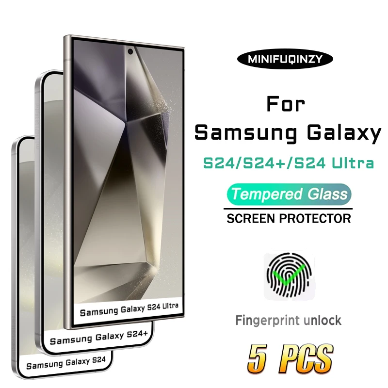 

5Pcs Fingerprint Unlock HD Tempered Glass For Samsung Galaxy S24 Ultra 5G Screen Protector S24 Plus S24+ Crystal High Aluminum