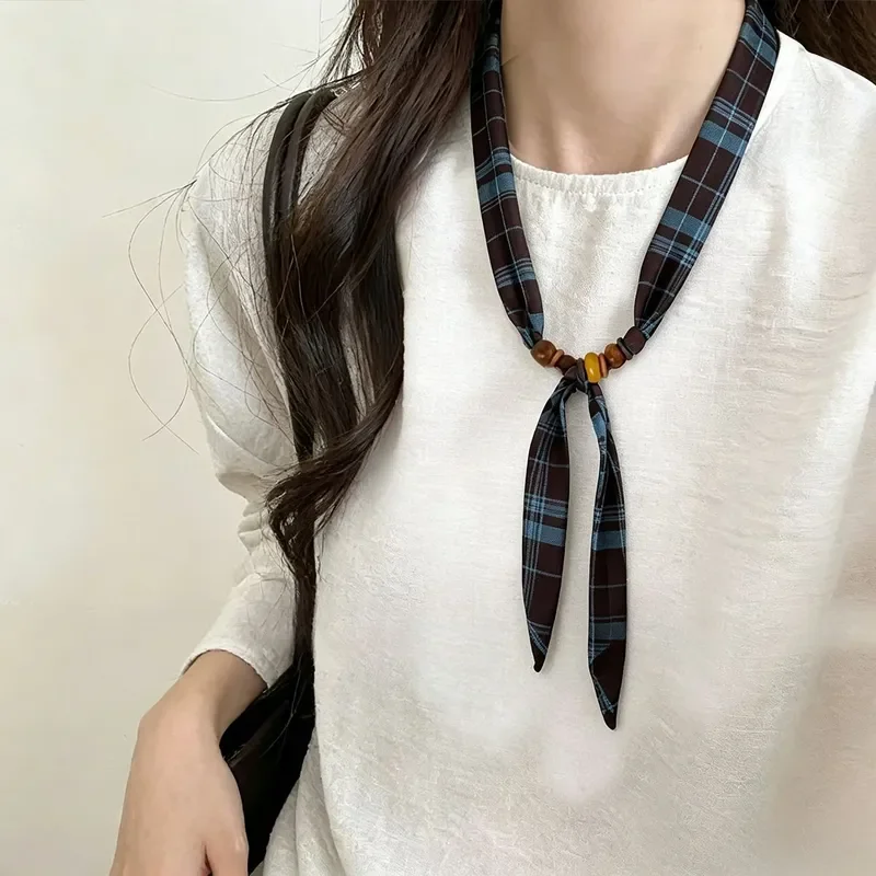 Pañuelo de seda fino y estrecho con lunares y cuentas estilo étnico retro 2026 para mujer, bufanda larga para el cuello, accesorios de moda pequeños para ropa.