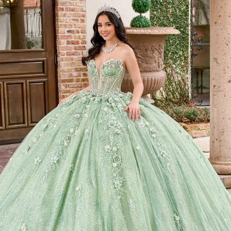 فستان Quinceanera باللون الأخضر من التول اللامع مزين بمشد مثير من فيستدوس دي أنيق لحفلات أعياد الميلاد وحفلات السهرة