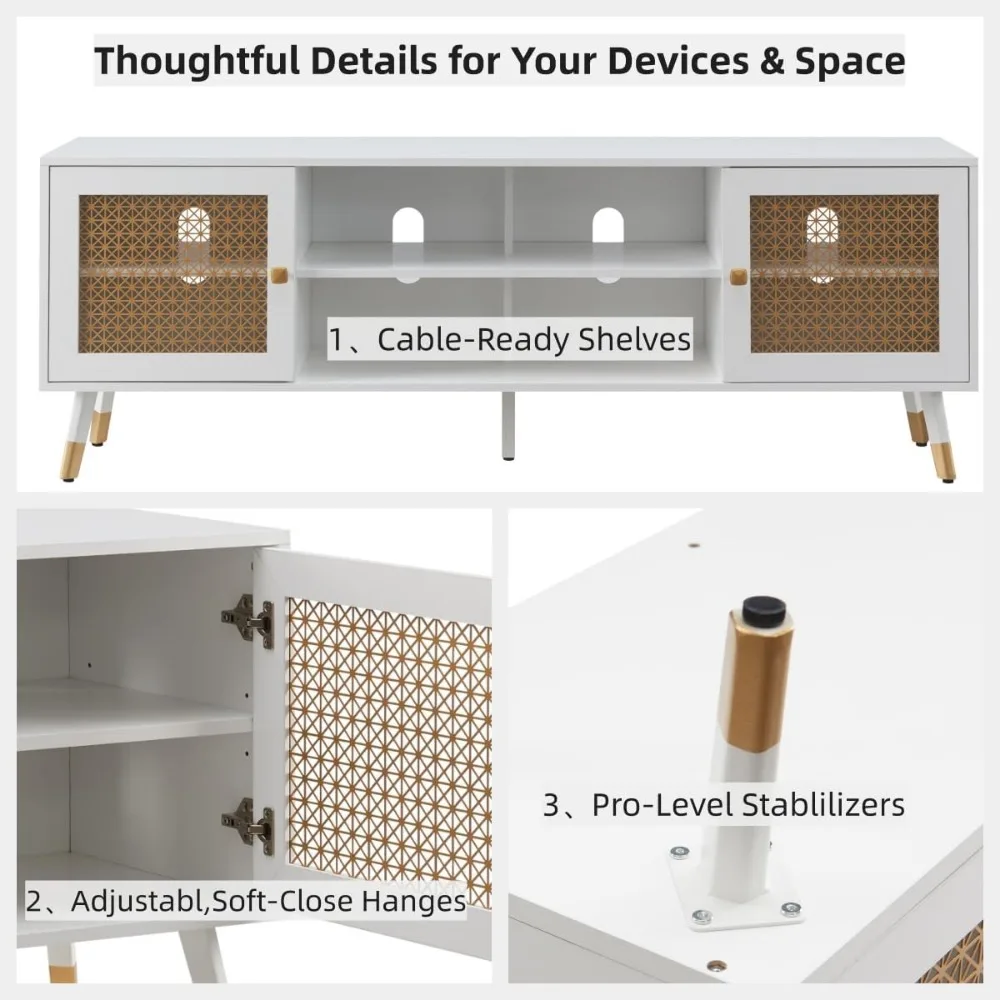 حامل تلفزيون أبيض حديث لغرفة المعيشة - مركز ترفيهي مع مساحة تخزين، وحدة تحكم وسائط على طراز بوهو مخدد #6