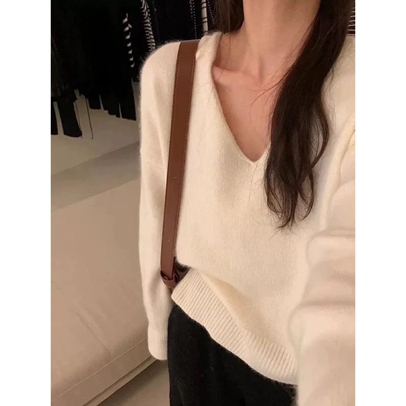 

YIBASHU осень зима женские белые пуловеры с длинным рукавом приятный свитер с v-образным вырезом дизайн трикотажа дизайнерская корейская мода новинка