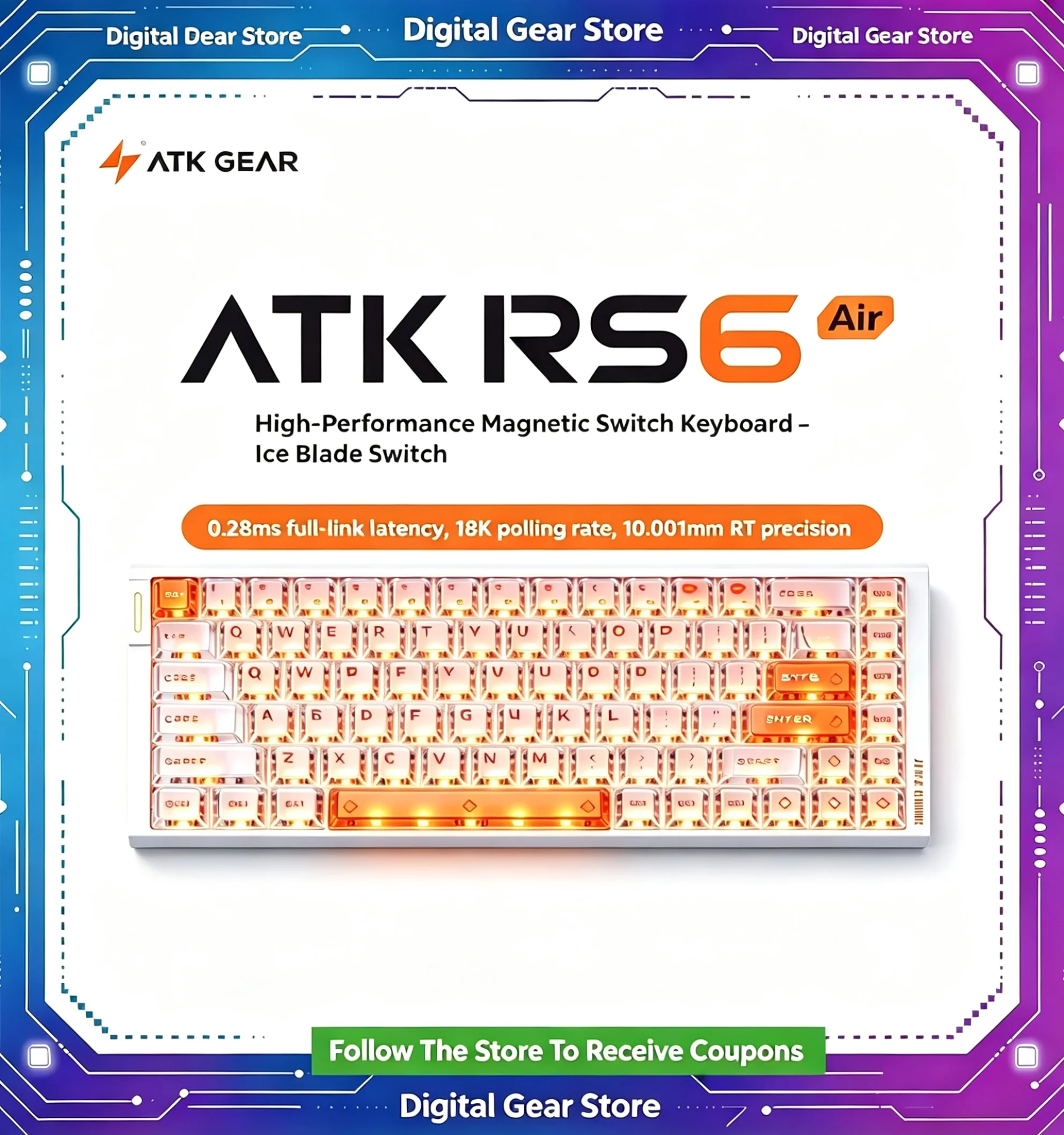 Teclado Gamer ATK RS6 Air com Fio e Switch Magnético, Caixa em Liga de Alumínio, Taxa de Polling de 8000Hz, 0.005mm RT, RGB, Teclado Esportivo para PC