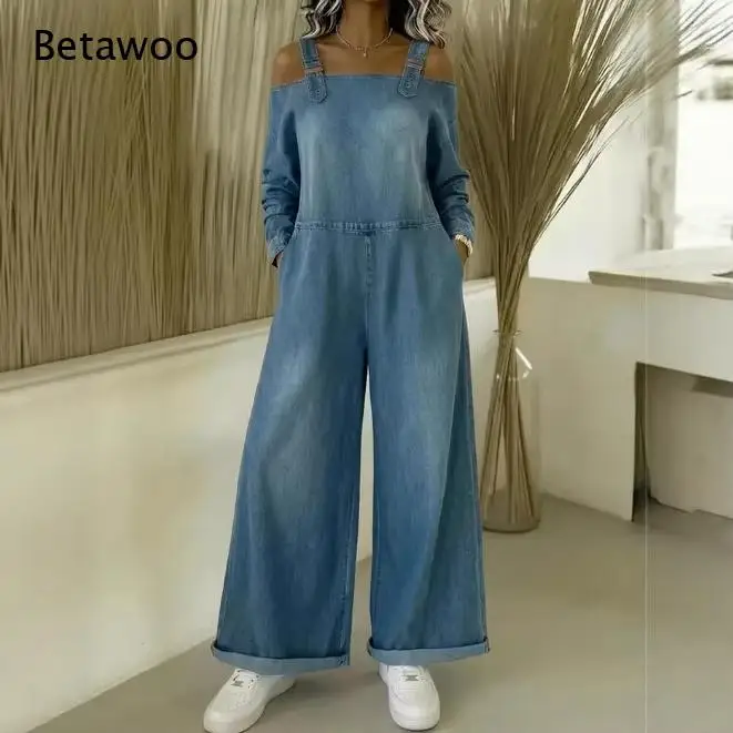 Ladies Cold Shoulder Denim Jumpsuit Long Sleeve Adjustable Strap Wide Leg Rolled Cuff Jean Rompers Washed Daily Outfit
