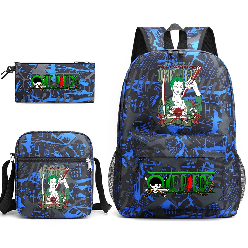 Conjunto de mochila escolar com estampa One Piece Zoro, com bolsa de ombro e estojo para crianças, adolescentes, viagens escolares, leve