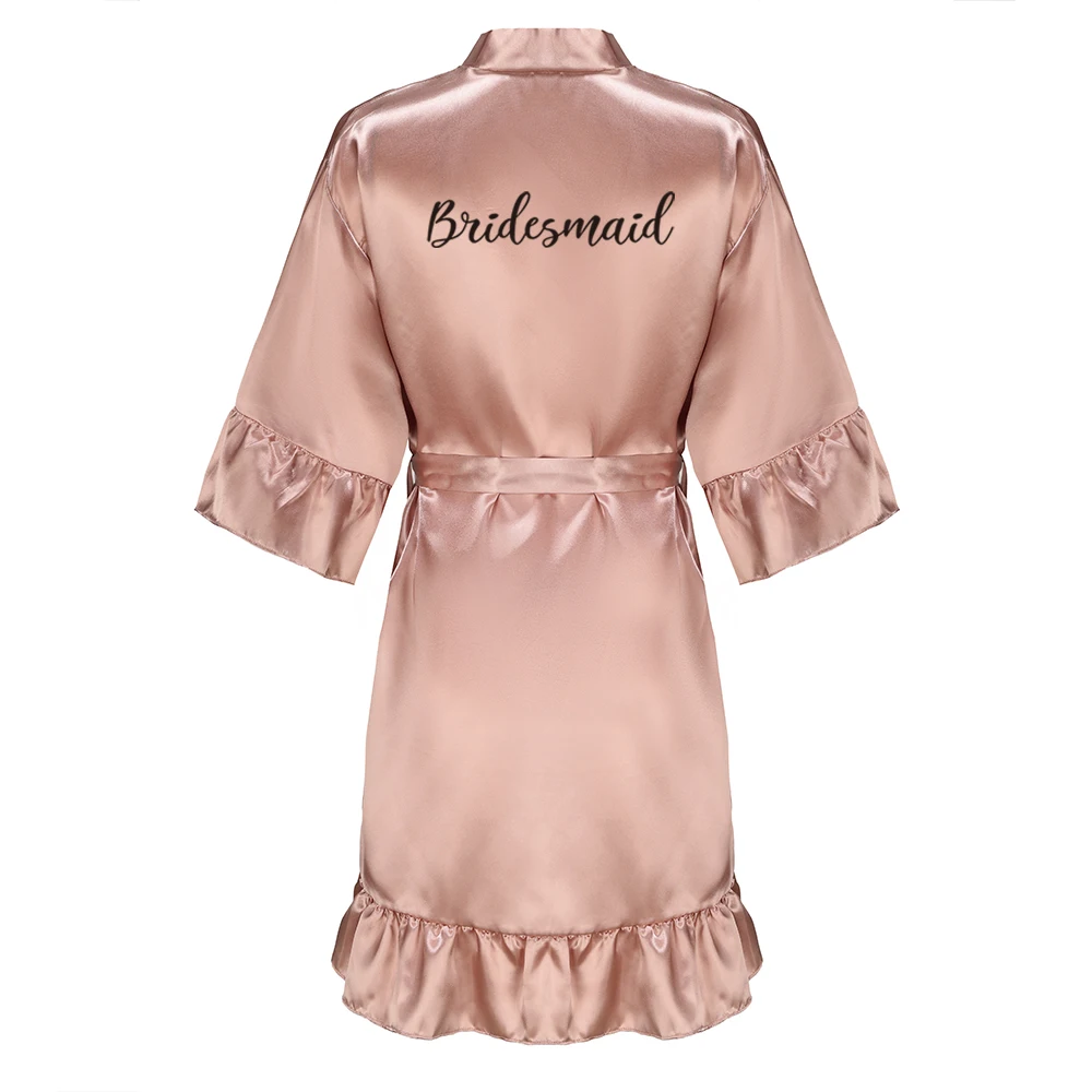 Rose Gold Satin Bridesmaid Team Bride Robes With Ruffle Sister Mother Bathrobe Maid of Honor Kimono Wedding Gift