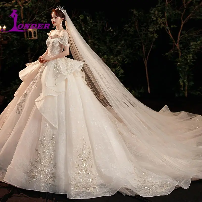 

Luxury Court Train Appliques Wedding Dresses Exquisite Off The Shoulder Bride Ball Gown Elegant Strapless Vestidos De Novia