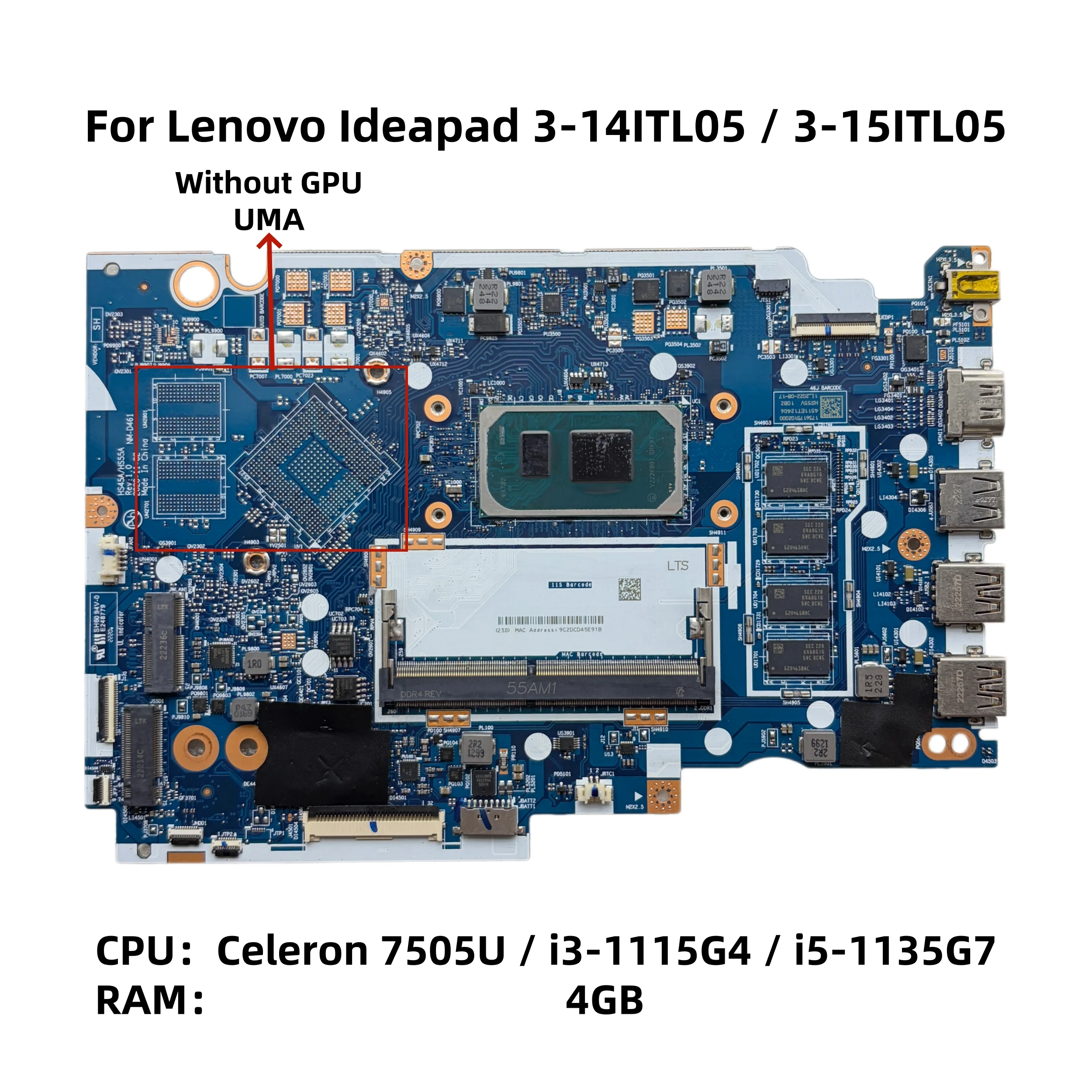 Placa-mãe NM-D461 para Lenovo Ideapad 3-14ITL05 3-15ITL05 com CPU 7505U i3-1115G4 i5-1135G7 UMA 4GB-RAM DDR4 100% Testada