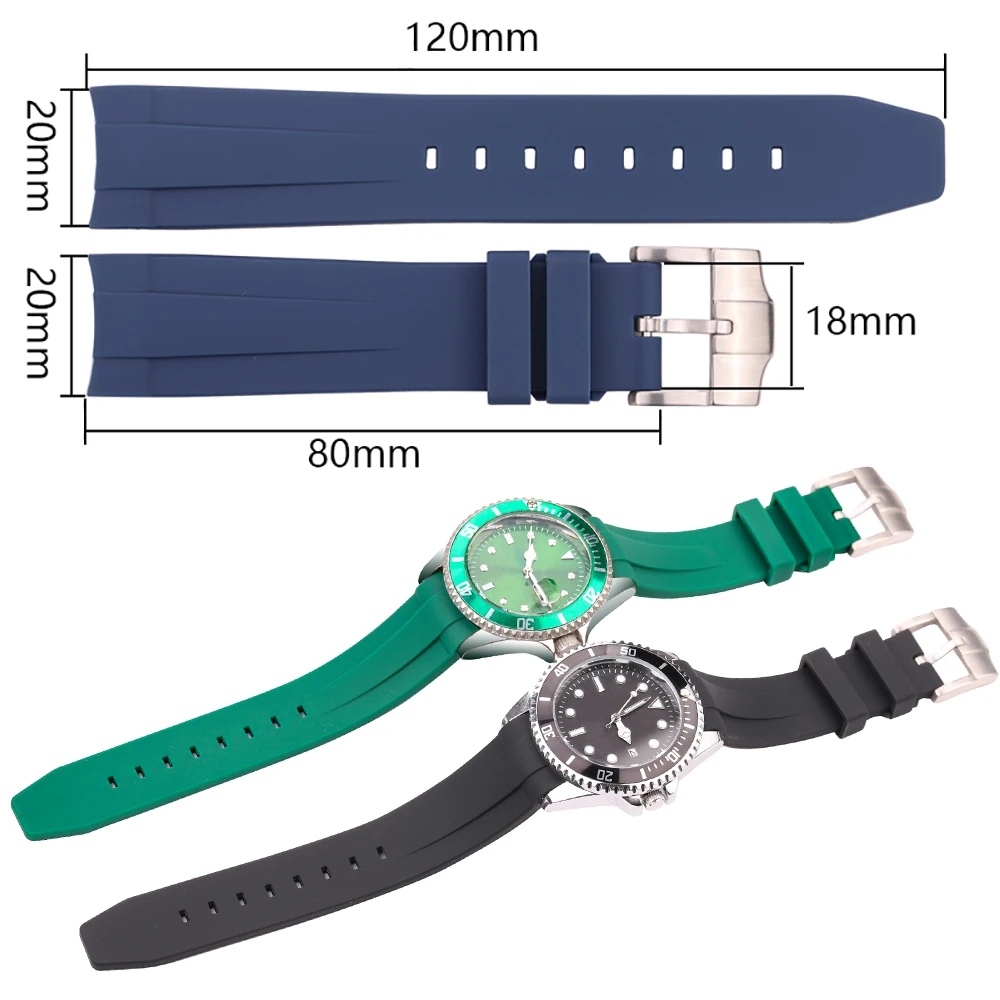 20mm Curved End Rubber Watchband Blue Black Green Strap Men Waterproof Soft Silicone Watch Band Accessories For Rol