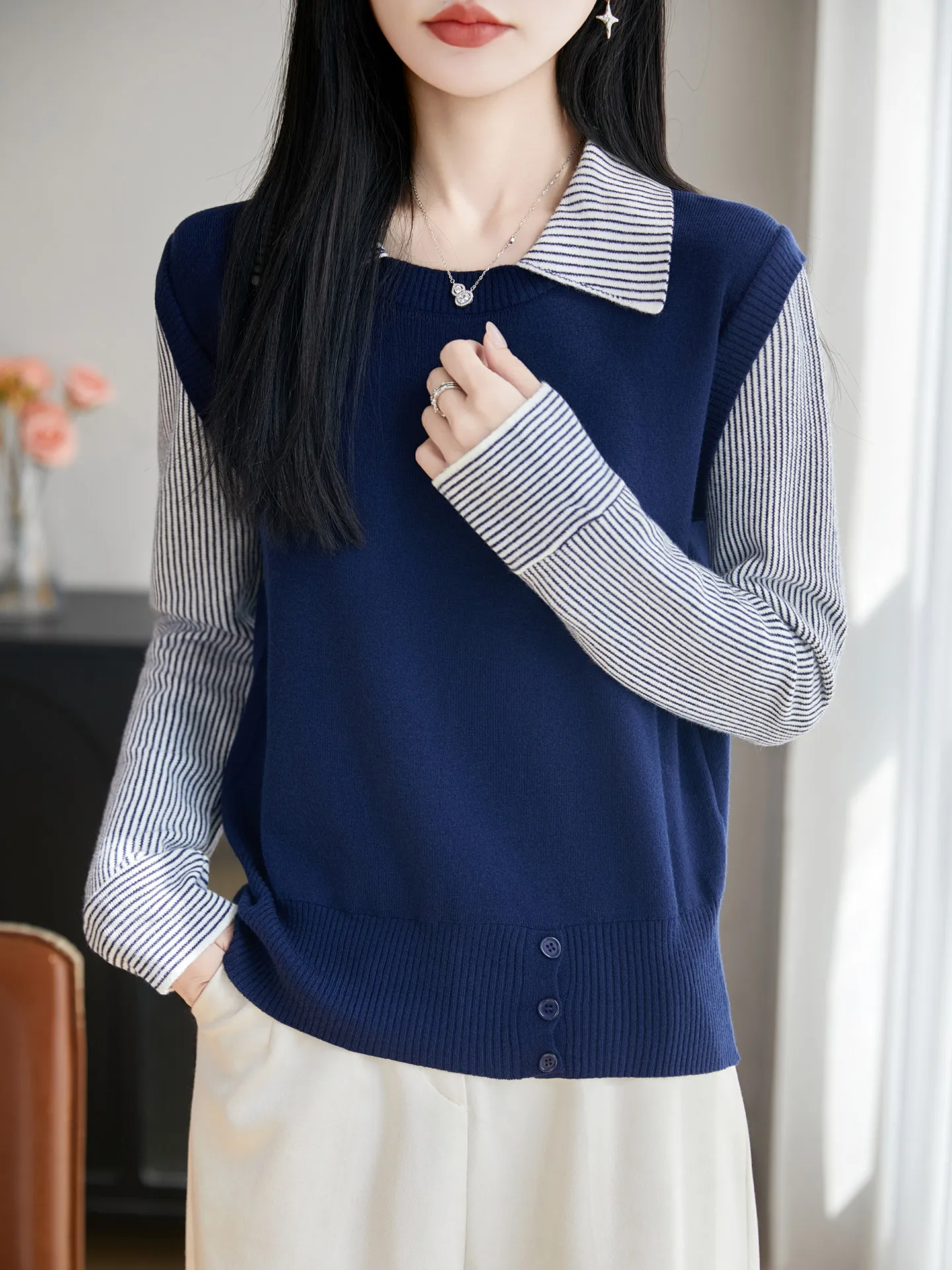 

Повседневный вязаный топ в стиле пэчворк для женщин, королевский синий, с воротником, верхняя одежда с длинными рукавами из мягкой ткани, универсальная полосатая верхняя одежда