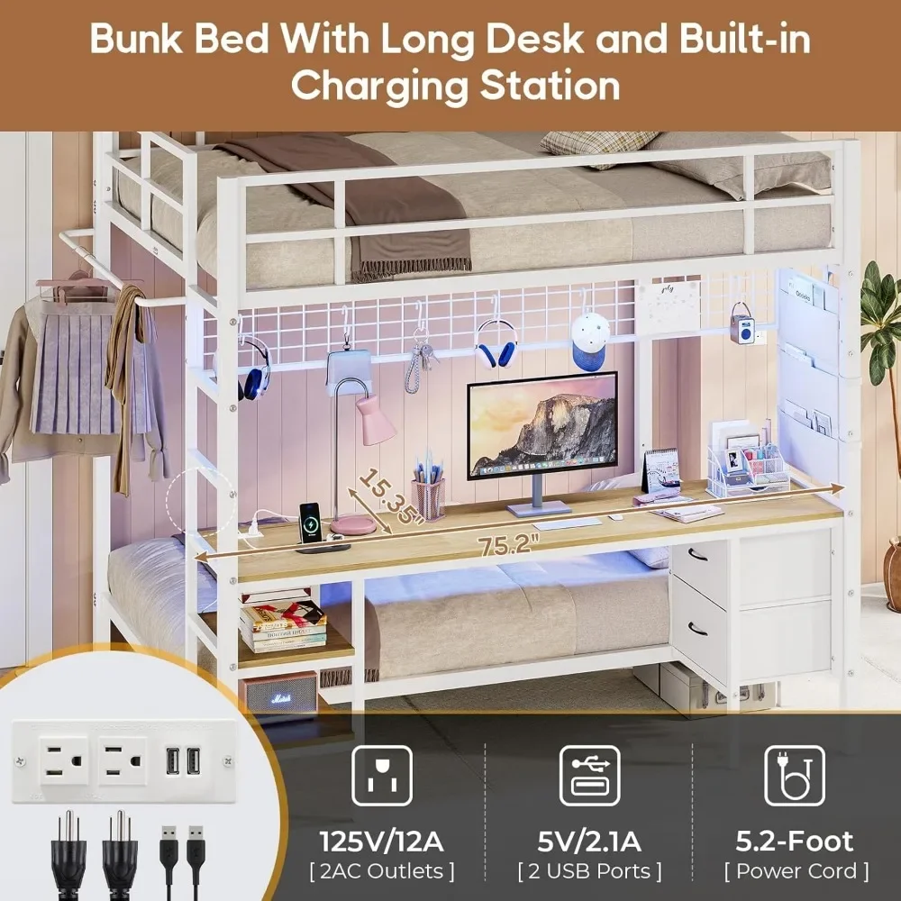 Full Over Twin Bunk Bed with Desk and Led Lights, Charging Station, Storage Shelves and Drawers, Safety Guard&Ladder, Metal Bed image 4