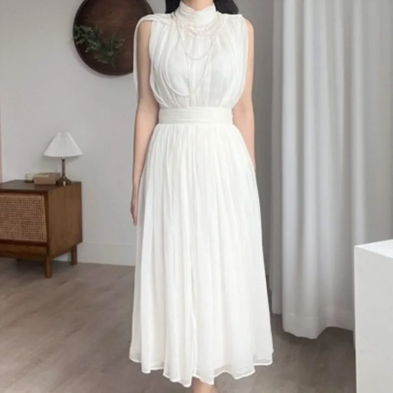 

2022 Summer Women Elegant White 2-Piece Set Female Sleeveless Off Shoulder Ribbon Top + High Waist Long Skirt Suits