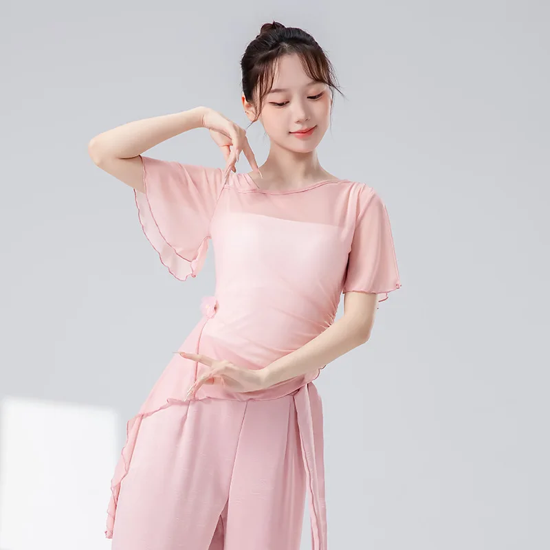 

Классический топ для лайндэнса, женская тренировочная одежда, с рюшами, короткий рукав, сетчатая футболка из тюля, со съемным цветочным декором, тонкий, приталенный, для выступлений