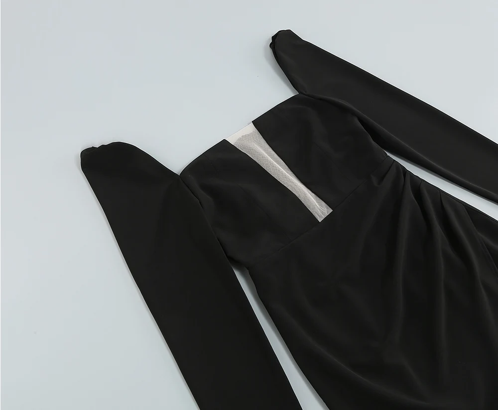 فستان قصير أسود مثير جديد مع رقبة مربعة وفتحة أمامية - أكمام طويلة منتفخة، فستان حفلات الخريف بحاشية غير منتظمة