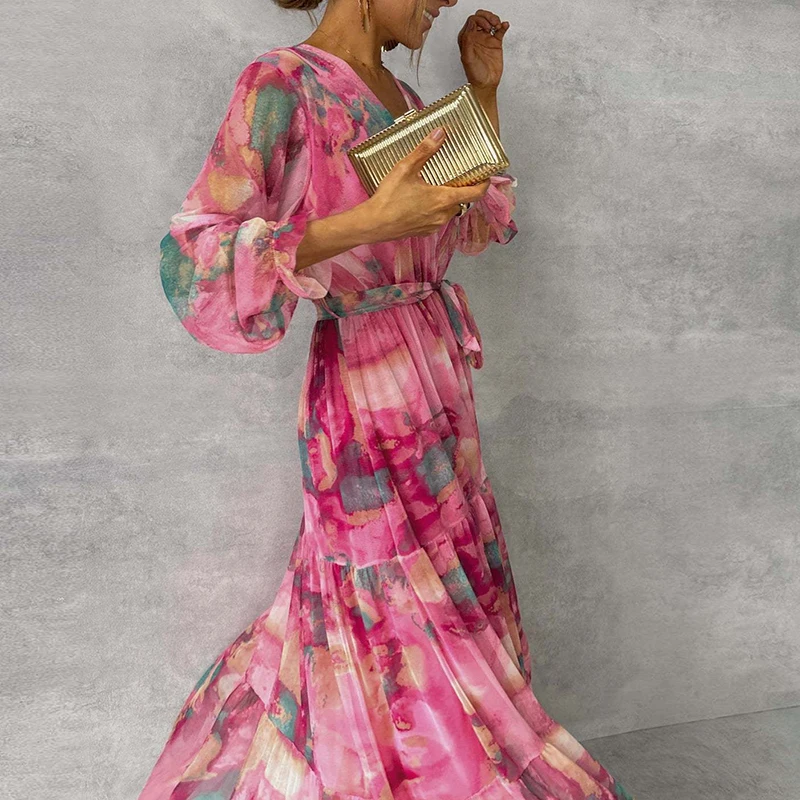 Spring Long-sleeved Floral Print Boho Dress Women Elegant V Neck Pleated Long Dress Summer High-waisted Belted A-Line Maxi Dress