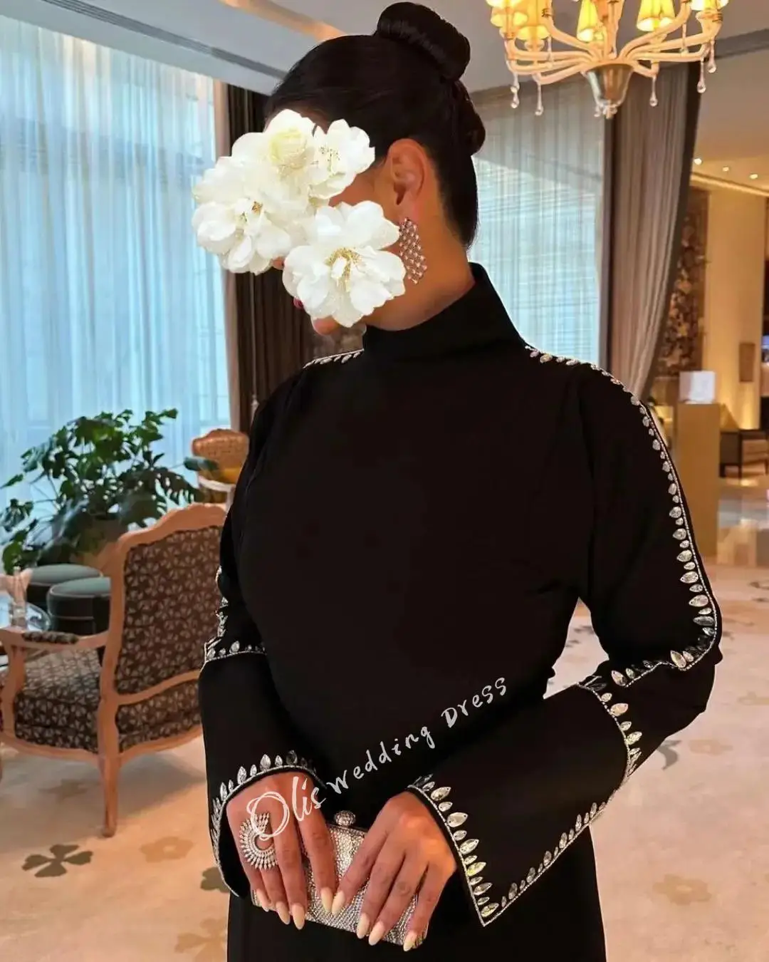 customized Black Long Sleeves Evening Prom Dresses High Neck Pleated Beadings Crystals Front Split Ankle Length Party Dresses