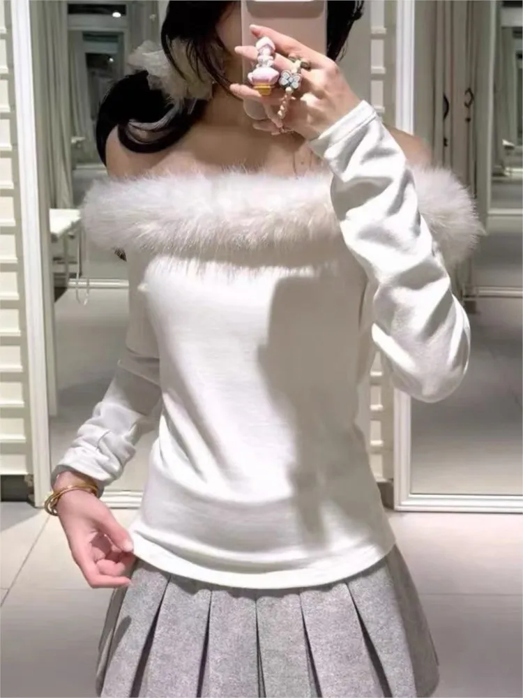 

Женская футболка с открытыми плечами и съемным меховым воротником, сексуальная уличная одежда, белая, облегающая, с длинным рукавом, милая и простая