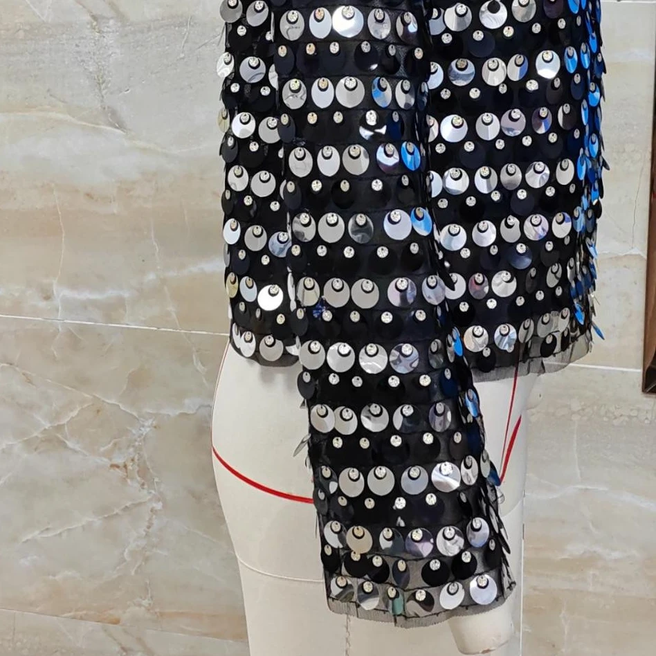 Y2K Party Soild Color Shiny Fall Clothes Vintage Crop Tops Women's Long Sleeve Sequins See Through Shirts