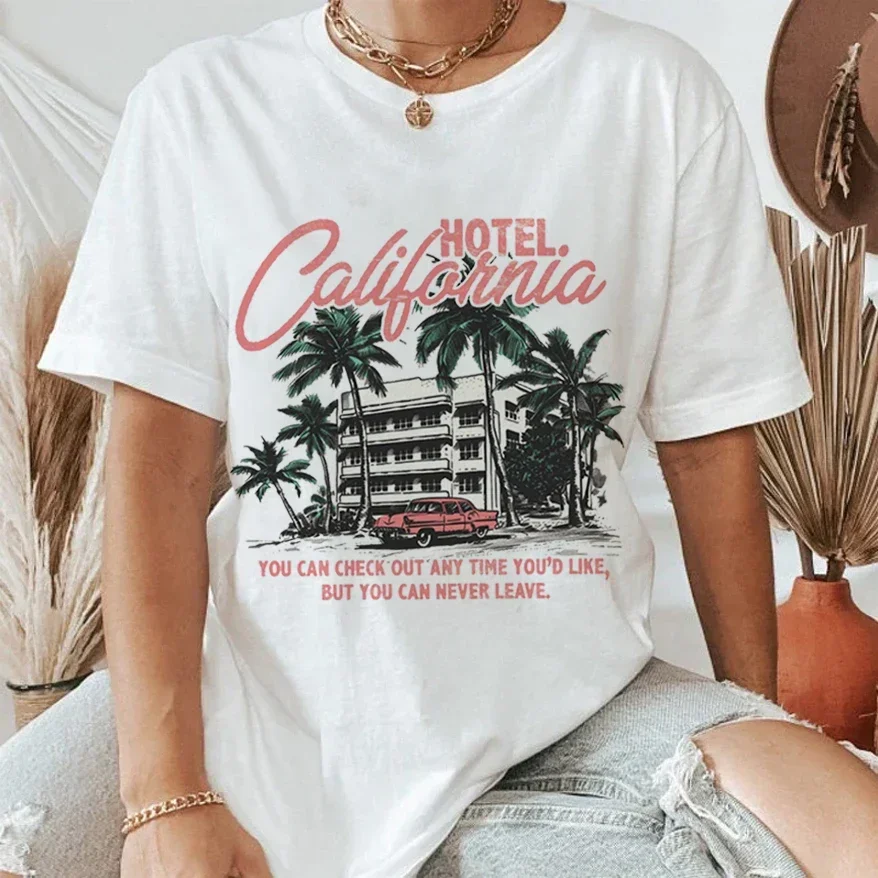 Printed Casual Fashion O-Neck Women's Hotel California Retro Design Pattern T-Shirt Clothing Printed Short Sleeved Women's T-Shi