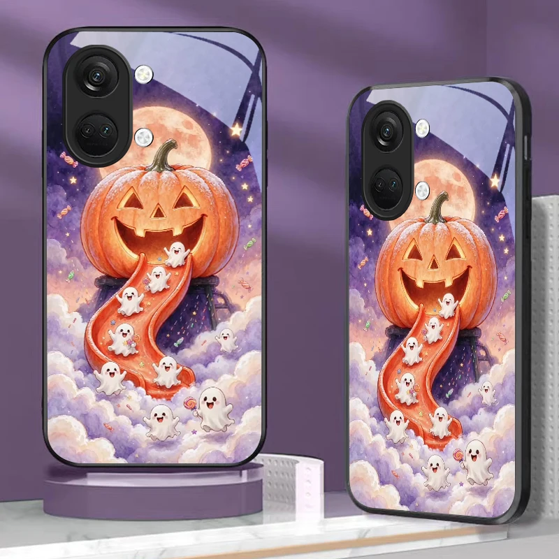 Pumpkin Halloween Art Black Glass Phone Case For OnePlus Nord CE 2T 2 3 Lite 5G N20 30 7T Nord 8 9 10 Pro 12 13R 11R Back Cover