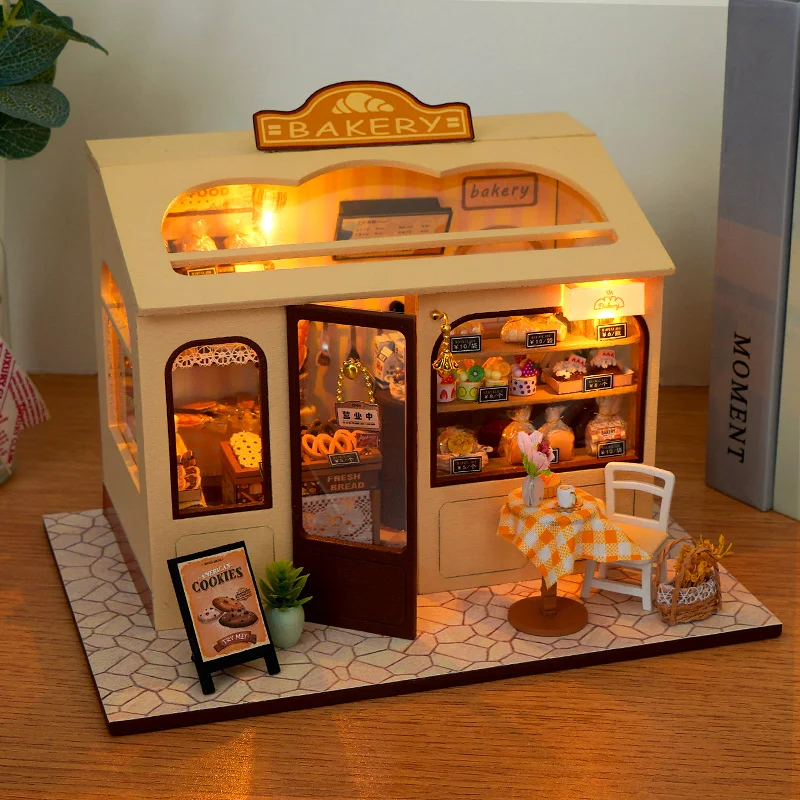 Kits de construction miniatures en bois, bricolage, boulangerie, Cottage, maisons de poupées avec meubles, lumières, Puzzle 3D, maisons de poupée, cadeaux pour amis