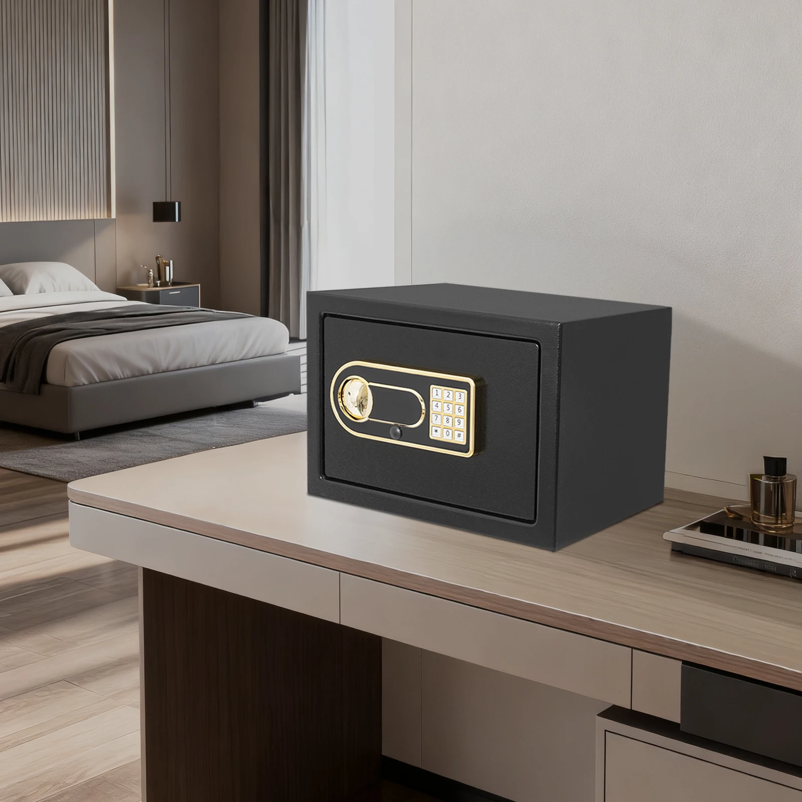 

Сейф безопасности, двойной 3-8-значный пароль и аварийный замок, противоугонные усиленные винты, удобство с питанием от батареи