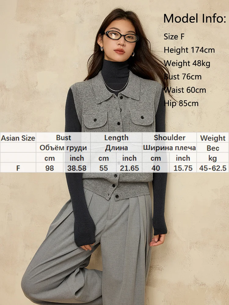 BirdTree, Women Lapel Sleeveless Cardigan, 100%Sheep Wool Chic Vest, 2024 Autumn Winter Fashion Top, Black, Gray T49534QM