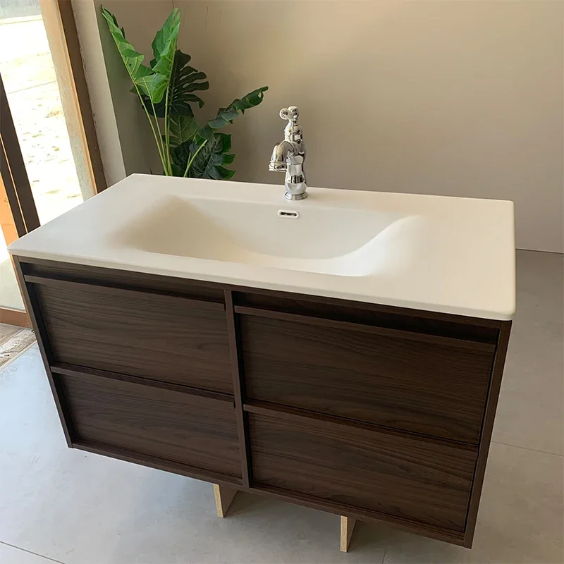 

Walnut medieval bone line retro bathroom cabinet, matte ceramic integrated basin, wash bathroom