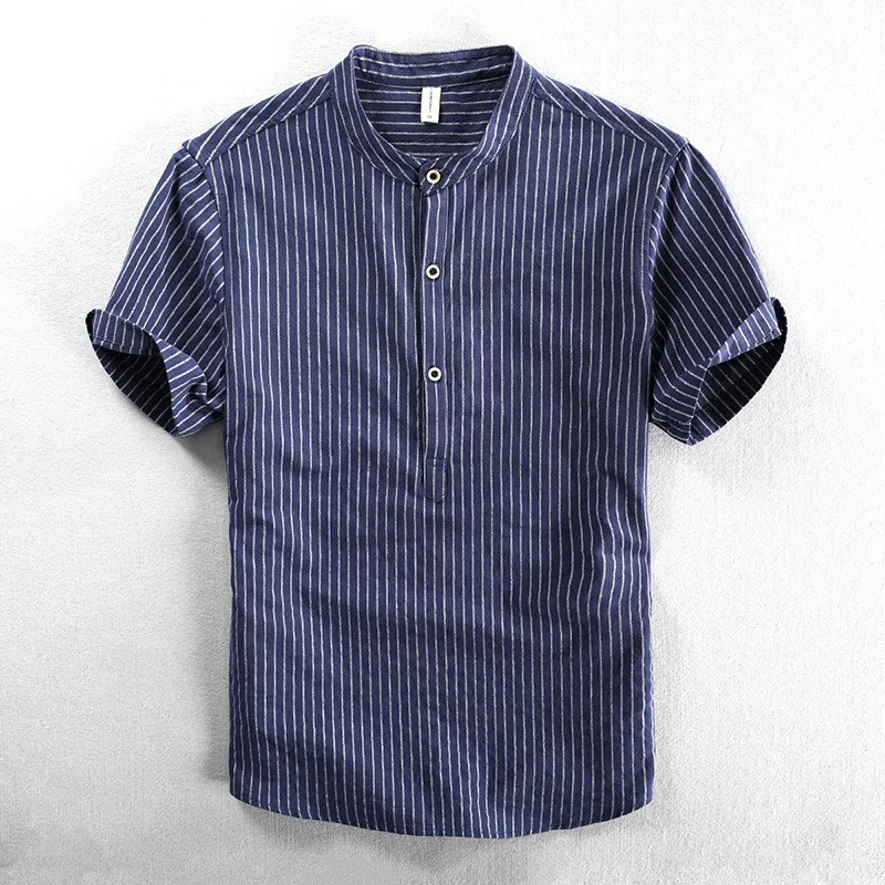 Summer Men's Casual Loose Short-sleeved Striped Shirt