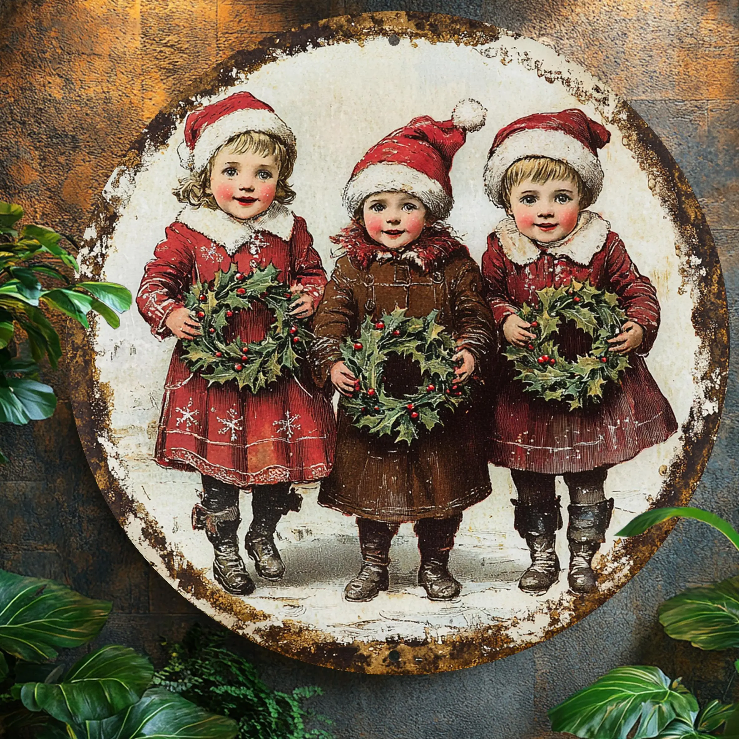 2D Flat - Vintage Christmas Youngsters & Holly Metal Wall Art - 20.32x20.32 cm Round Aluminum Sign, Classic Holiday Decor for Ho