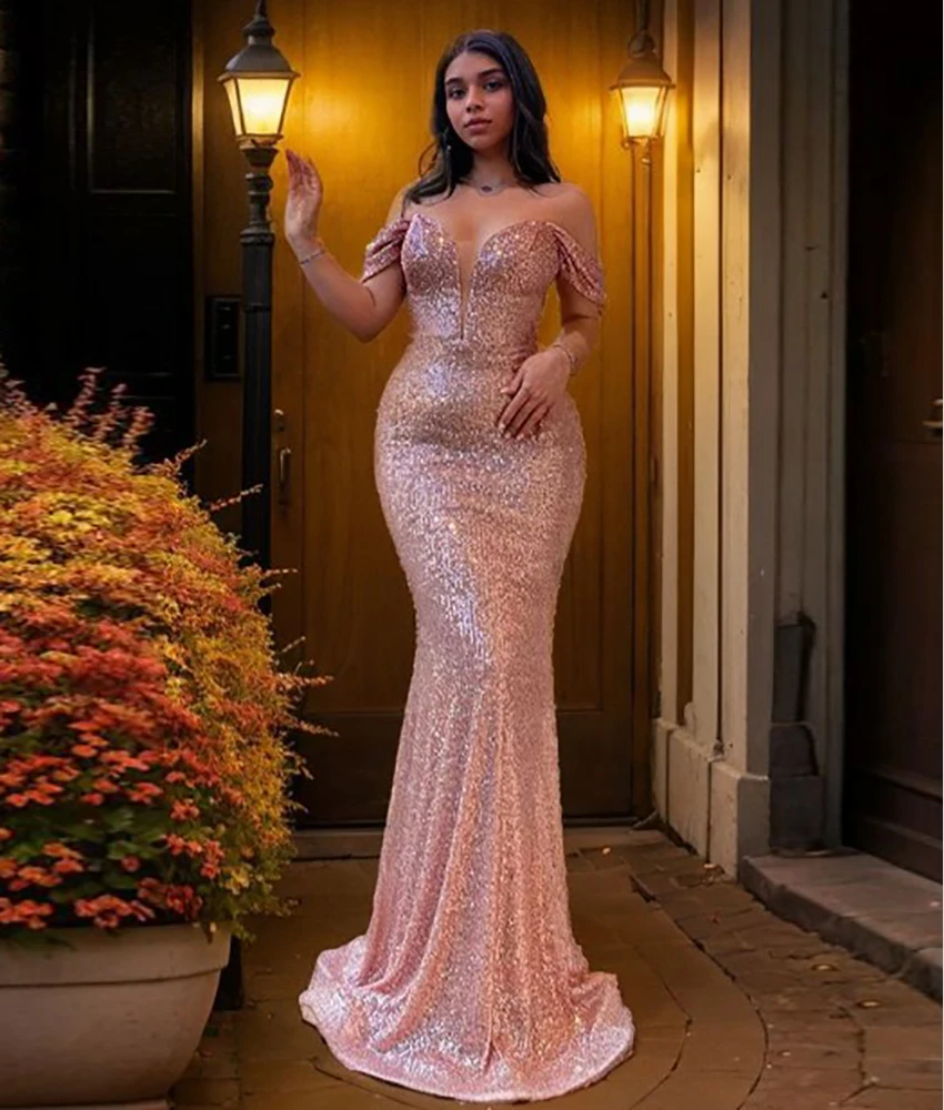 

Customized Delicate Sequined Mermaid Off the Shoulder Evening Dress Fashion Short Sleeves Sweetheart Bespoke Occasion Gowns