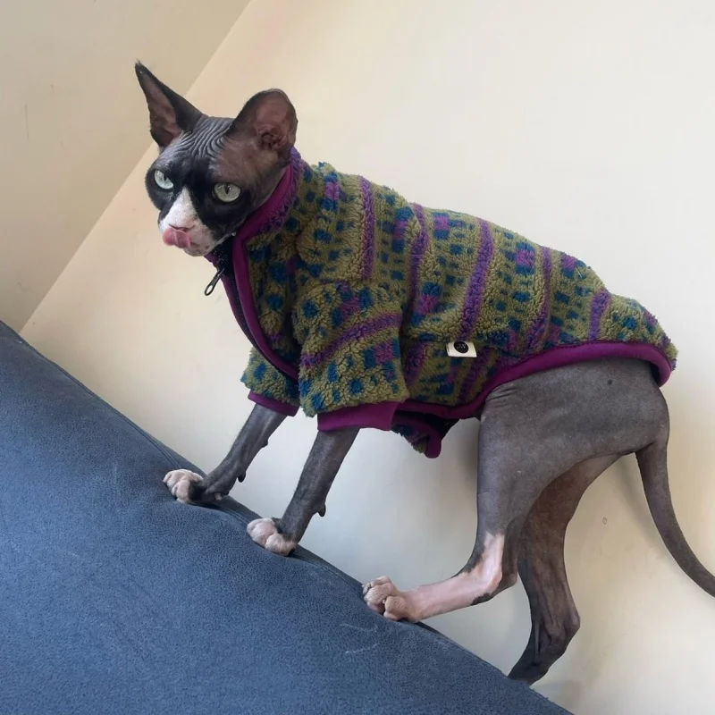 Sphyinx Cat Autumn and Winter Austrian Fleece Warm Green Jacket Zip-up Cardigan Cat Clothes Thick Purple Coat for Devon Rex