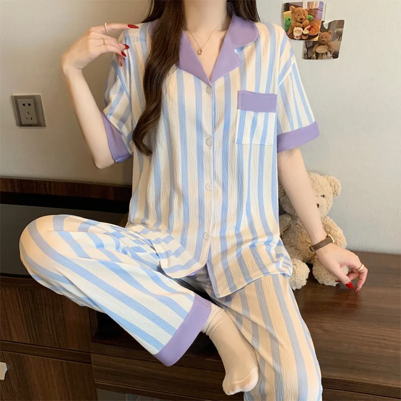 

Новый летний женский домашний комплект для сна с короткими рукавами, фиолетовый полосатый свободный домашний костюм из двух предметов с шортами и футболкой