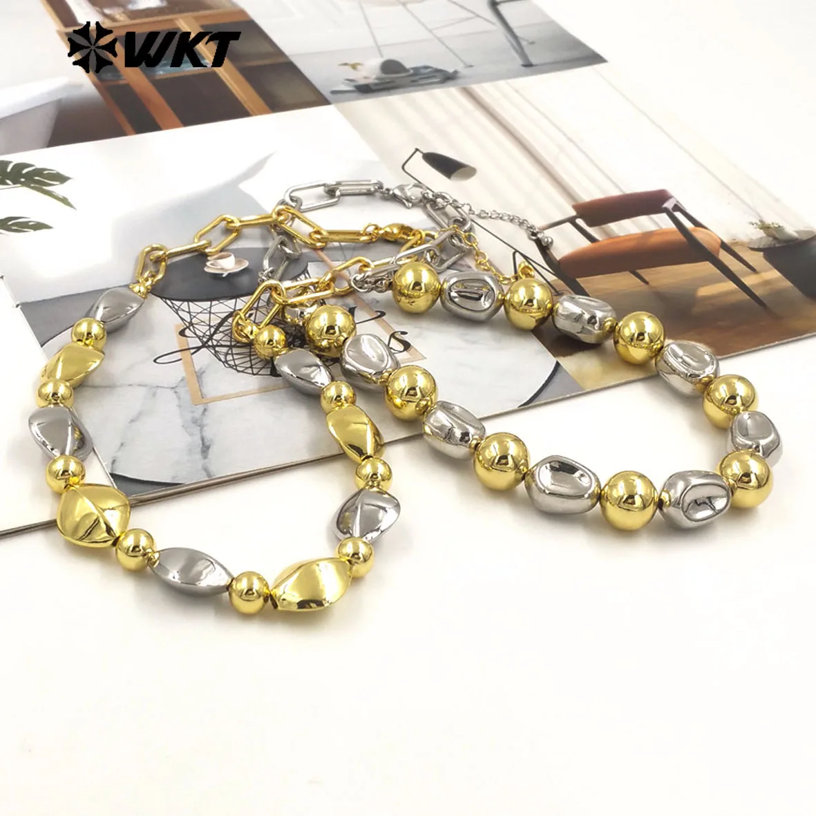 WT-JFN28 Special Design Chain Necklace With Silver And Yellow Brass Beads Necklace For Women Cocktail Party Jewelry image 4