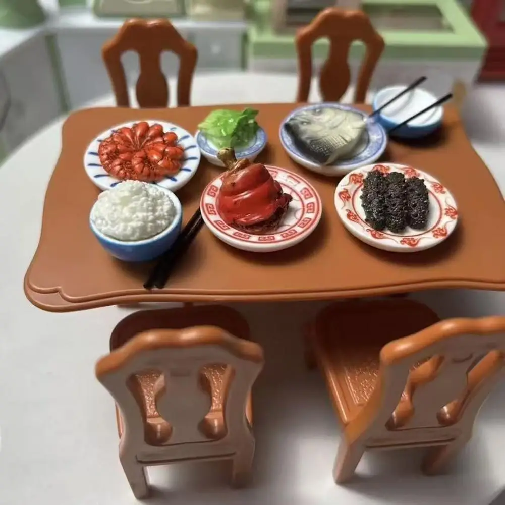 Doll House Miniature Dollhouse Dining Room Furniture Set with Wooden Table Chairs 1/12 Scale Model Accessories for Decor Photo