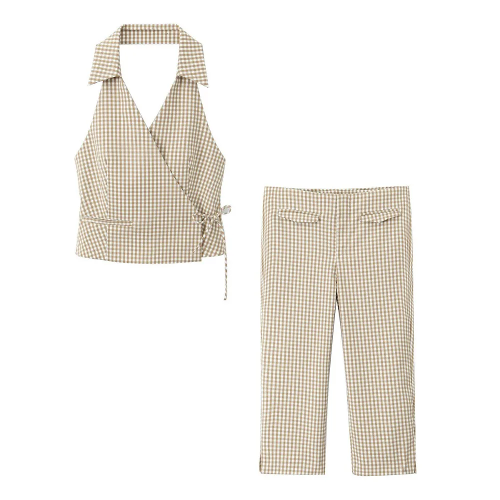 

ZBZA Women Plaid Vest Trousers Suit Lace-up Backless Back Halter Neck Cropped Top High Waist Straight Spring Summer New Chic Set