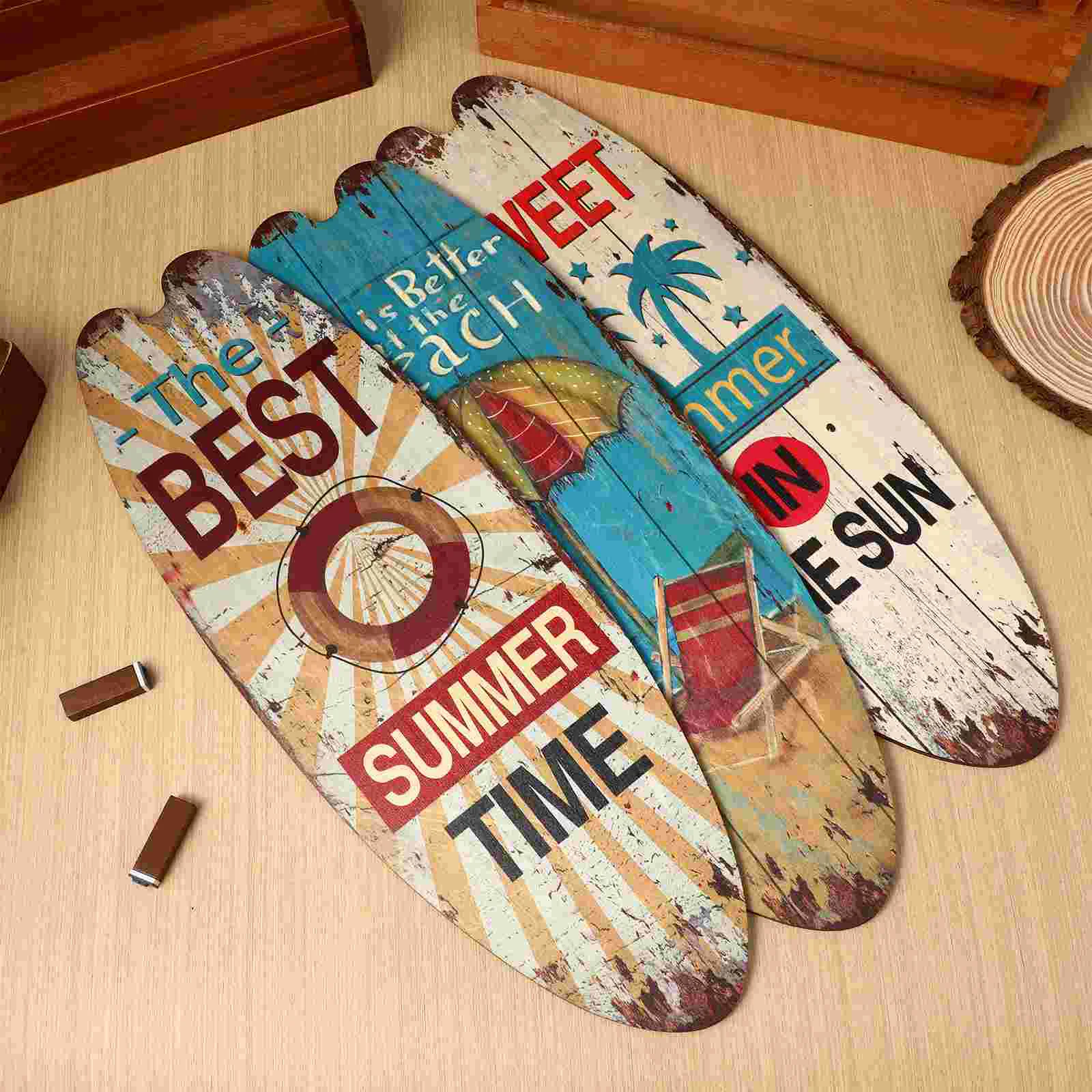 3 Pcs Surfboard Wall Sign Wooden Decor Stickers Porch Decoration Plaque Summer Seaside Kids