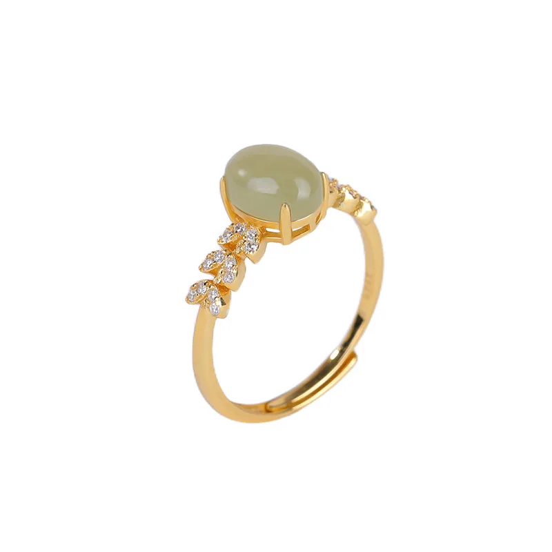 Natural Hetian S925 Sterling Gold-Plated Green Jade Wheat Ear-Shaped Silver Ring