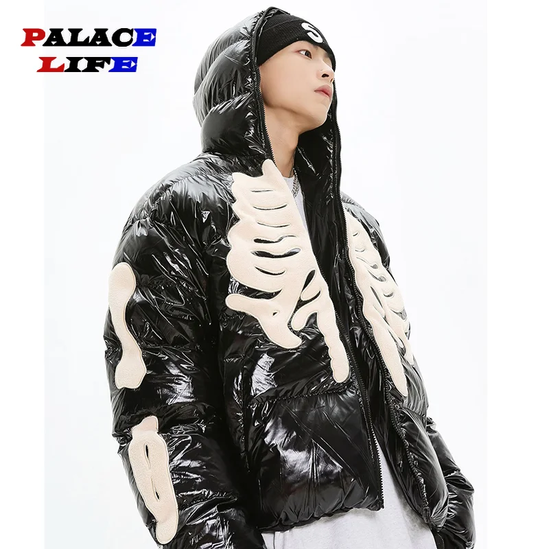 Winter Bright Skeleton Patch Parka Men Hip Hop Street Harajuku Y2k Thicken Warm Padded Coats Loose Windproof Coat Unisex