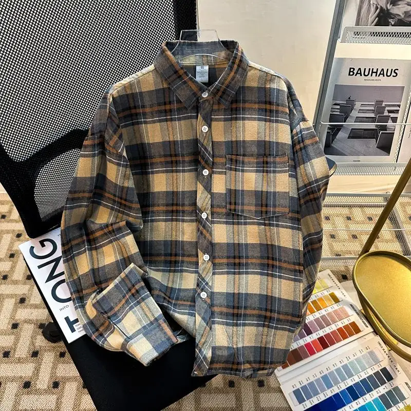 

Trendy Plaid Men's Casual Shirt Loose Fit Retro Color Block Youthful Style Winter Long Sleeve Square Collar for Couples