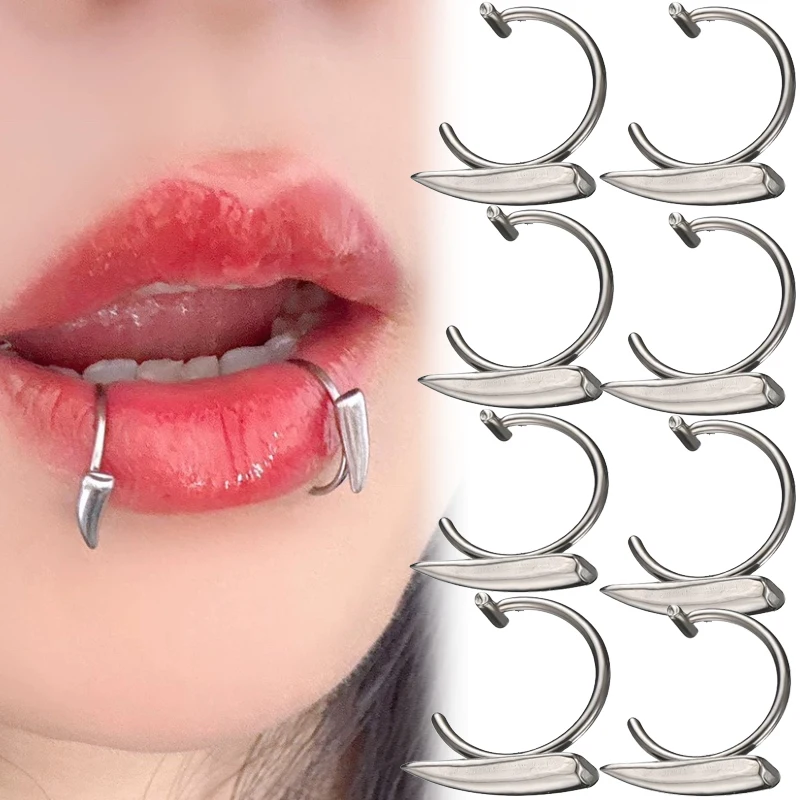 Fake Piercing Vampires Lip Ring Stainless Steel Sharp Teeth Lip Clip Punk Jewelry for Spicy Girls Women Gothic Body Decoration