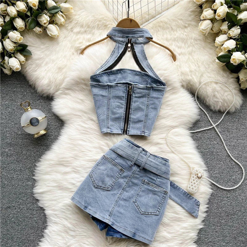Sexy Women Summer Denim Jeans Halter Tops Mini Skirt Outfits Suits Backless Sashes Chic Style Bodycon High Waist Vestidos