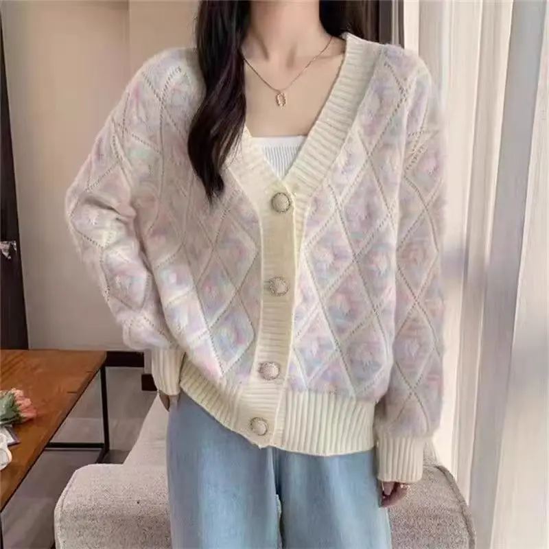 الرجعية تليين Ageless فضفاض المرأة سترة مشغولة من الصوف قصيرة الماس نمط ملابس خارجية الخامس الرقبة كم كامل سترة عادية القمم #1