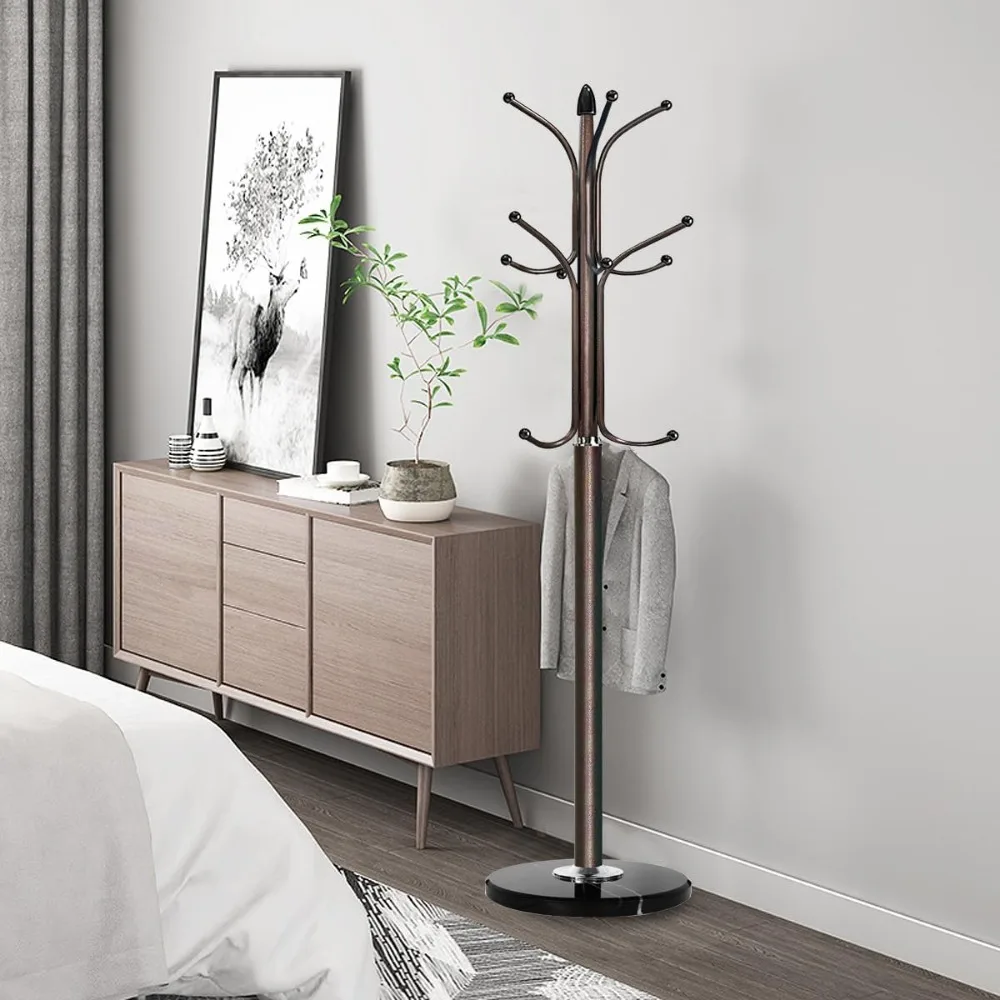 Kertnic-Metal Coat Rack Stand com base de mármore natural, árvore de salão livre, 12 ganchos para pendurar cachecol e jaqueta