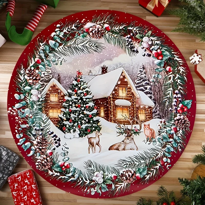 VIKAMA Christmas Round Rug Snowy Log Cabin Village Pine Wreath Reindeer Fox Plush Non Slip Soft Area Rug for Living Room Bedroom