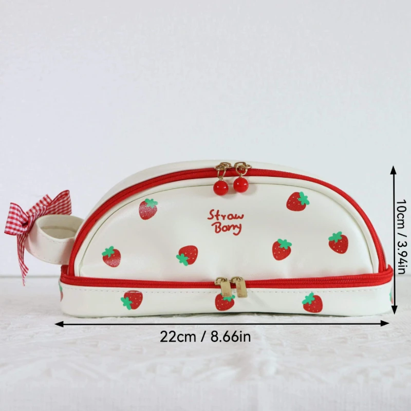 Cute Strawberry Love Pen Bag for Cool Girl PU Easy to Clean Butterfly Knot Stationery Storage Bag Birthday Gift Pen Bag 1pc