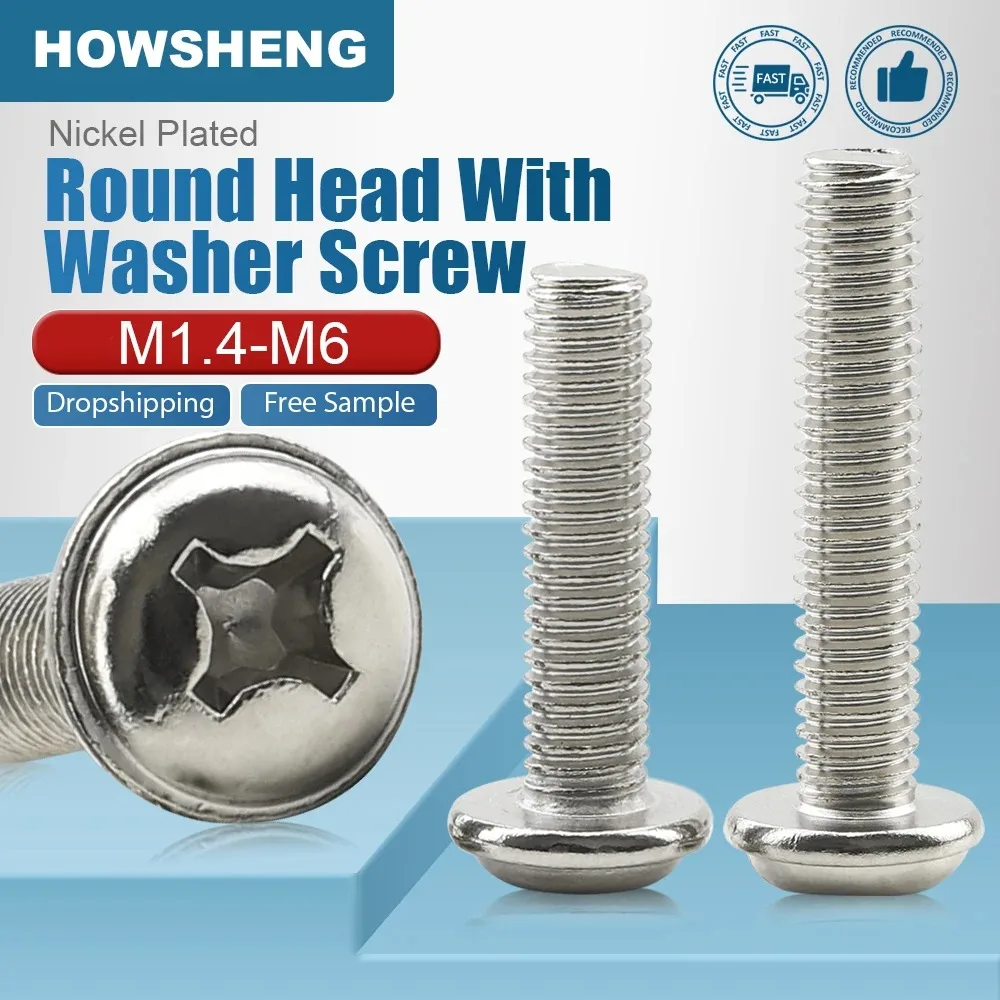 HOWSHENG 5-100pcs Phillips Round Head with Washer Machine Screw Nickel Plated PWM Cross Pan Screws M1.4 M1.7 M2 M2.5 M3 M4 M5 M6