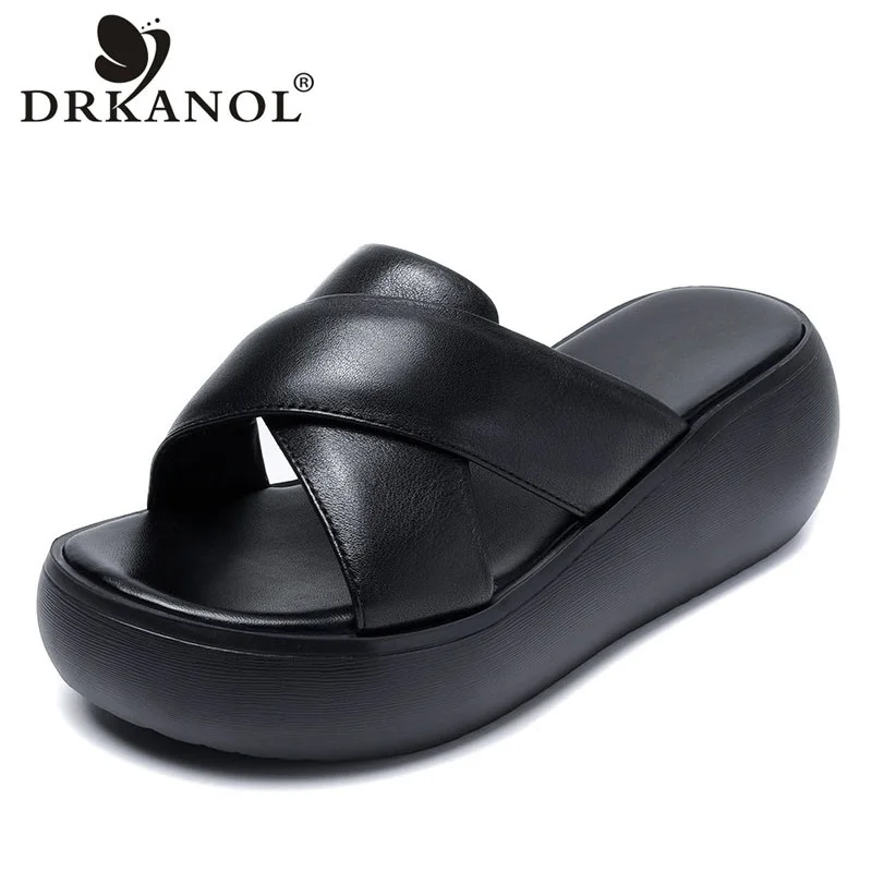 

DRKANOL 2025 Women Summer Wedges Slippers Slip On Open Toe Cross Genuine Leather Chunky Platform Casual Slippers Outside Slides