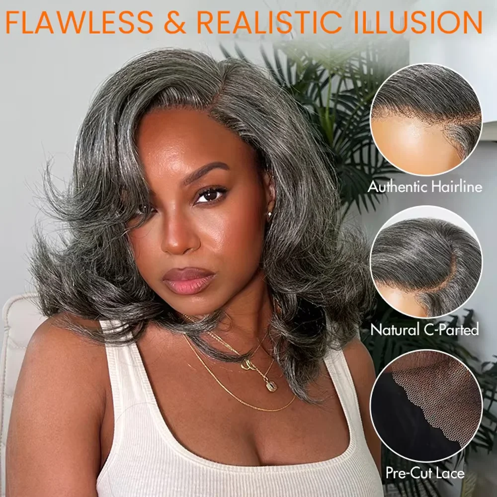 14 بوصة الشظية رمادي الجسم موجة قصيرة بوب الباروكات الشعر البشري 5x5 HD الدانتيل إغلاق شعر مستعار 200 الكثافة الملح والفلفل موجة فضفاضة بوب الباروكات