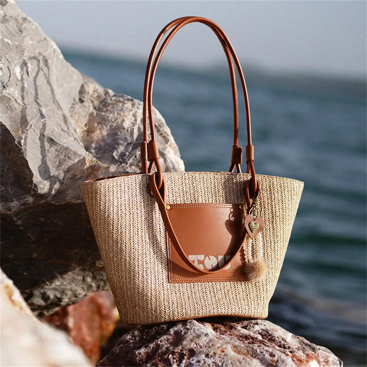 

TOUTOU Grass Woven Bag Large Capacity One Shoulder Handheld Handbag Summer Beach Vacation Vegetable Basket Water Bucket Bag