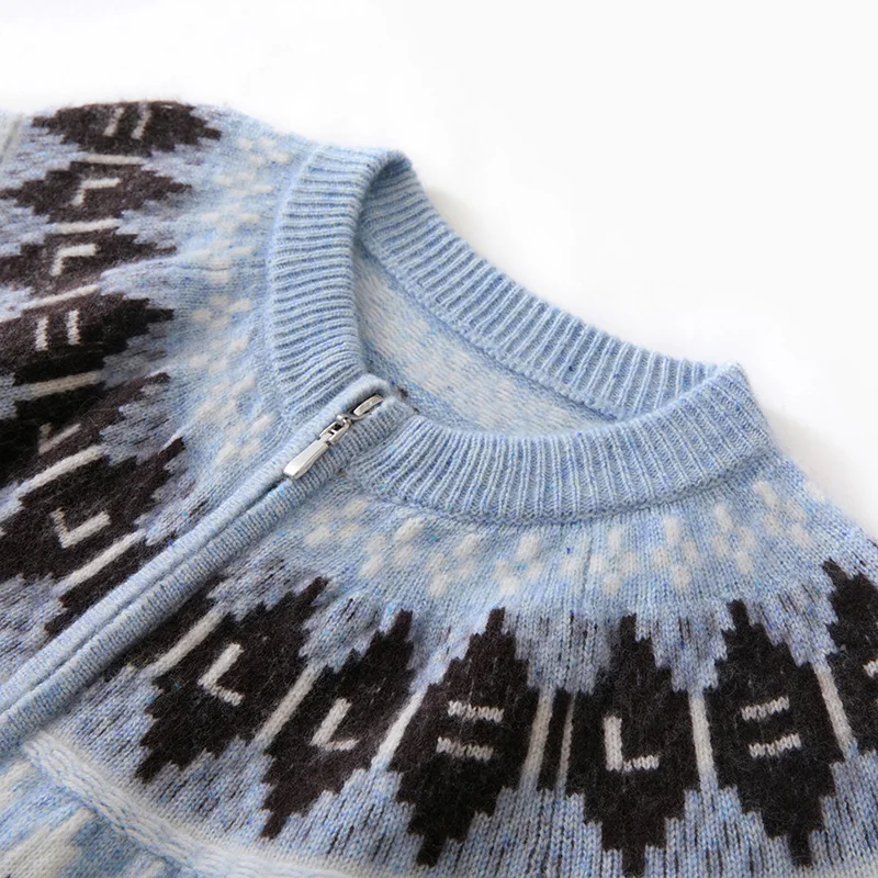 Blue Fair Isle Jacquard Women's Cardigan Round Neck Thickened 100% Cashmere Sweater Knitted Loose Zipper Sweater Coat